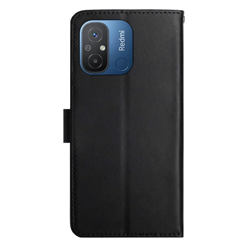 HT02 لجهاز Xiaomi Redmi 11A 4G / 12C 4G غطاء هاتف من الجلد الطبيعي مقاوم للغبار مع محفظة وحامل جلد نابا - أسود