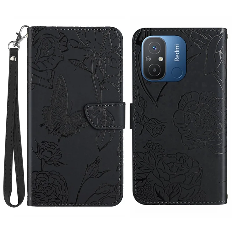 HT03 Imprinted Pattern Phone Cover for Xiaomi Redmi 11A 4G / Redmi 12C 4G, Skin-touch Feeling Stand Flip Phone Case with Strap - Black