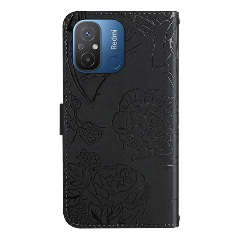 HT03 Imprinted Pattern Phone Cover for Xiaomi Redmi 11A 4G / Redmi 12C 4G, Skin-touch Feeling Stand Flip Phone Case with Strap - Black