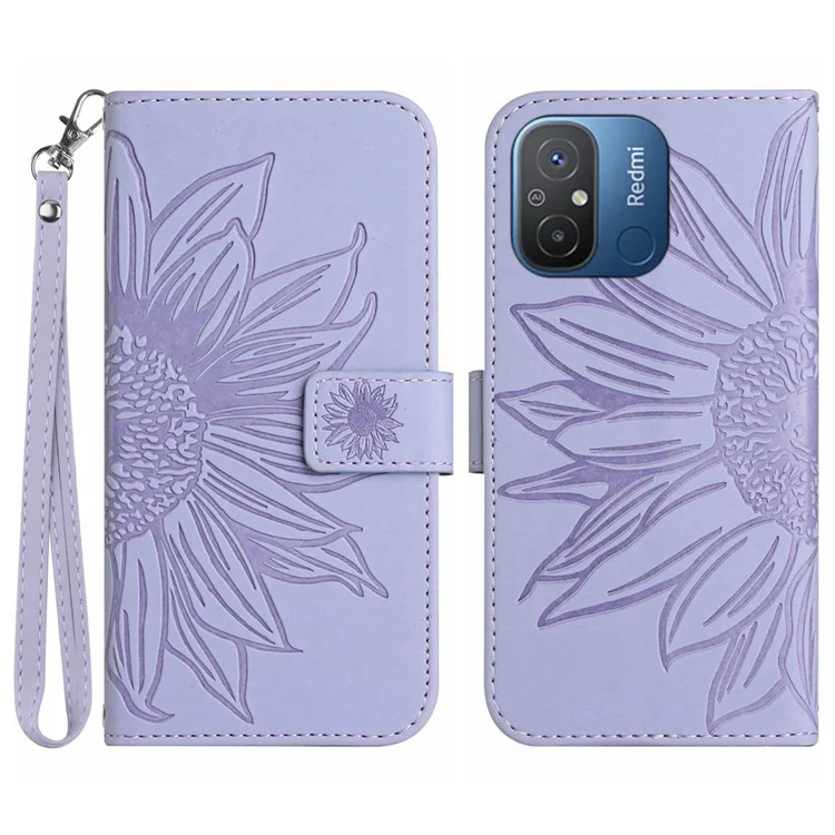 Protective Phone Case For Xiaomi Redmi 11A 4G / 12C 4G HT04 Sunflower Imprinted Leather Stand Wallet Shockproof Phone Cover - Light Purple
