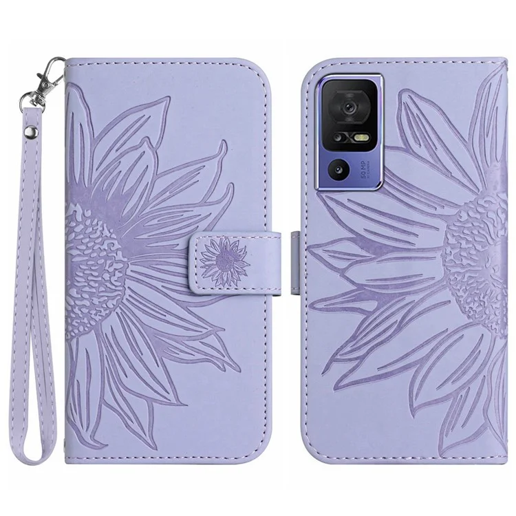 Funda cartera antigotas con soporte para TCL 40 SE, HT04 Sunflower Imprinted Leather Skin-friendly Funda de teléfono móvil - Púrpura claro