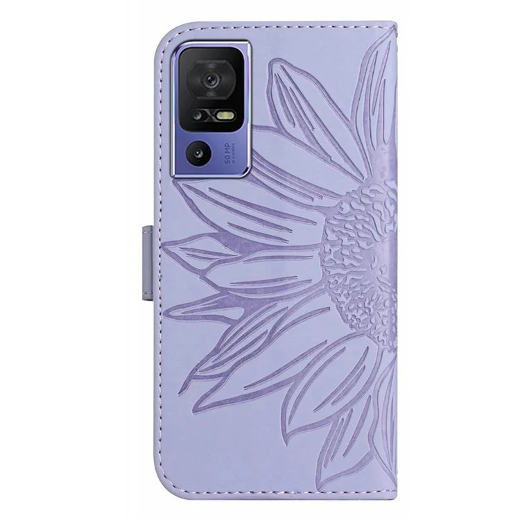 Funda cartera antigotas con soporte para TCL 40 SE, HT04 Sunflower Imprinted Leather Skin-friendly Funda de teléfono móvil - Púrpura claro