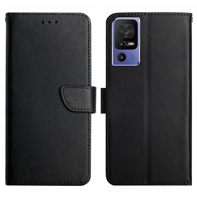 HT02 Para TCL 40 SE Nappa Texture Wallet Genuine Leather Phone Case Stand Protective Cover - Preto