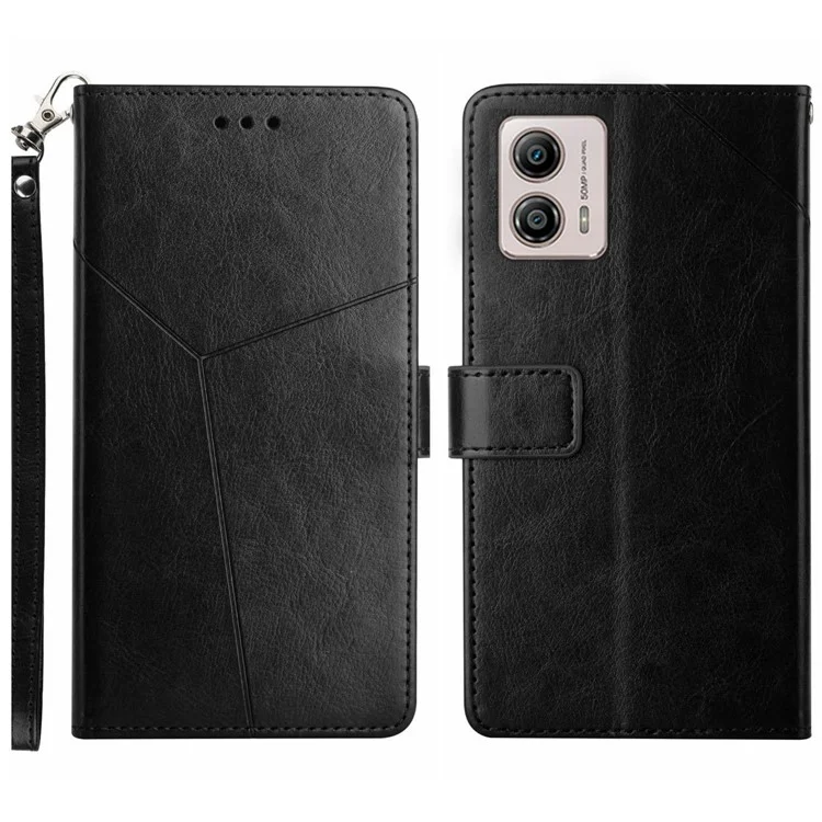 HT01 For Motorola Moto G53 5G PU Leather Imprinted Y-shaped Line Flip Phone Case Wallet Phone Stand Cover - Black