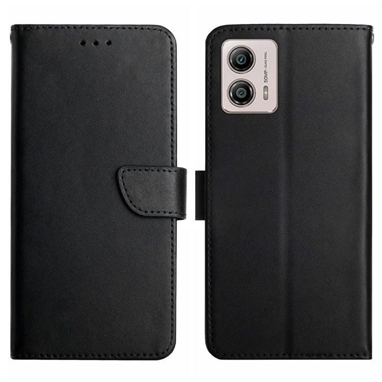 HT02 Cell Phone Cover for Motorola Moto G53 5G, Genuine Leather Nappa Texture Wallet Stand Case - Black