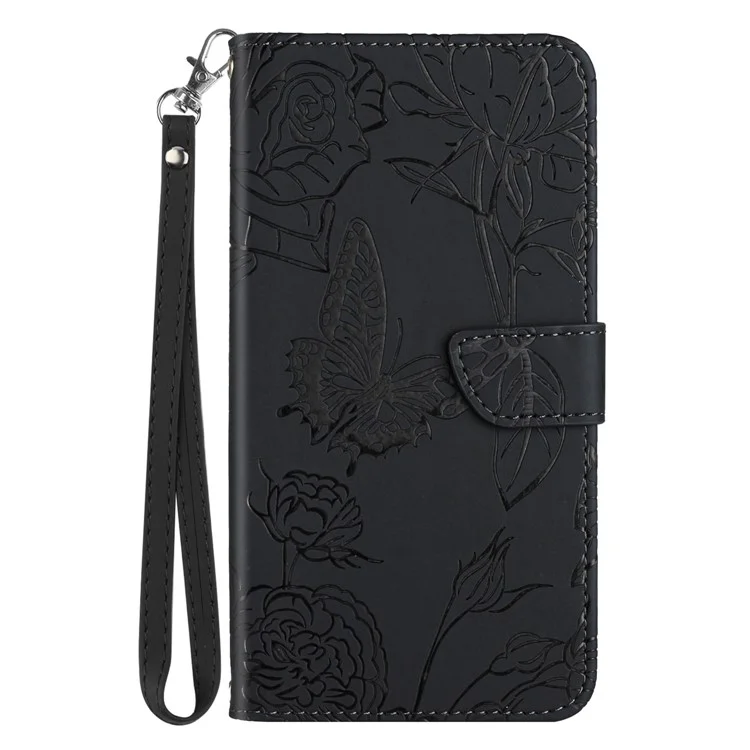 HT03 Für Motorola Moto G53 5G Anti-Kratzer Handyhülle mit Aufdruckten Schmetterlingen und Blumen, Hautgefühl, Flip-Ständer Handyhülle mit Schlaufe - Schwarz