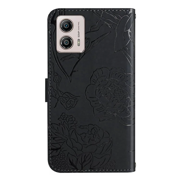 HT03 Für Motorola Moto G53 5G Anti-Kratzer Handyhülle mit Aufdruckten Schmetterlingen und Blumen, Hautgefühl, Flip-Ständer Handyhülle mit Schlaufe - Schwarz