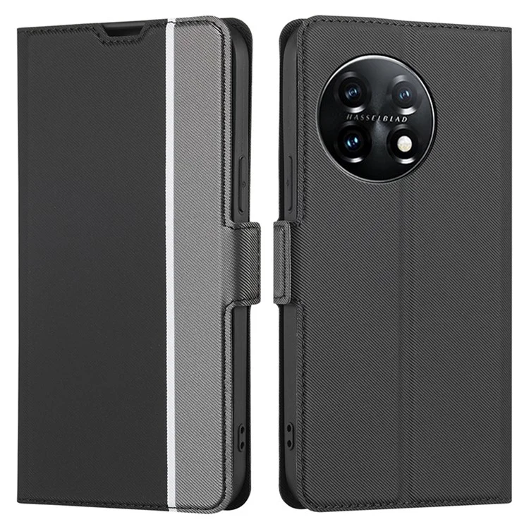 Capa Anti-queda Para OnePlus 11 5G, Textura de Sarja Suporte para Cartão Anti-arranhões Capa de Telefone de Couro Flip - Preto