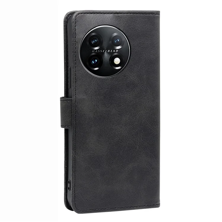 Funda de teléfono a prueba de golpes para OnePlus 11 5G, funda de teléfono de cuero de ternera con textura, soporte y billetera a prueba de rayones - Negro
