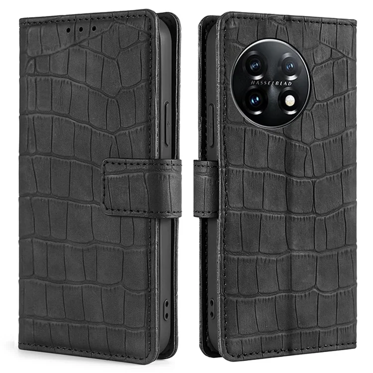 Étui de téléphone doux pour OnePlus 11 5G, support de portefeuille en texture de cuir de crocodile PU + couverture de téléphone portable anti-chute en TPU - Noir