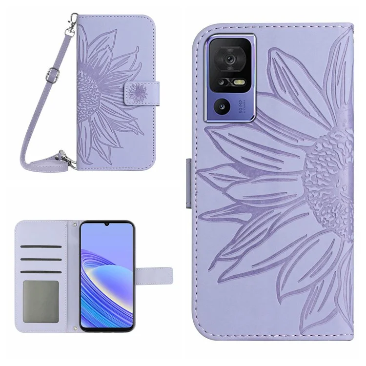 Für TCL 40 SE HT04 PU-Leder-Cover mit Sonnenblumen-Prägung, Ständer und Schultergurt - Hellviolett