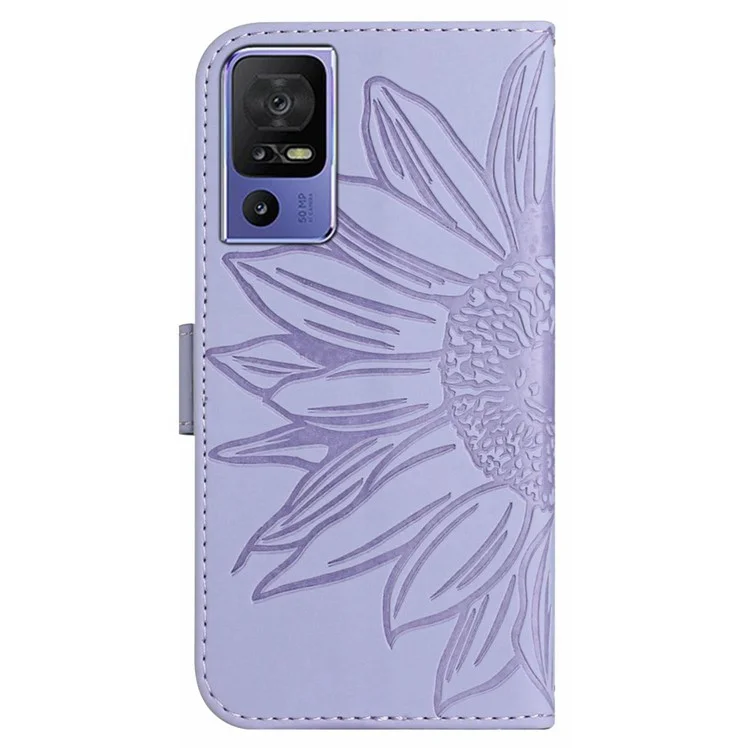 Für TCL 40 SE HT04 PU-Leder-Cover mit Sonnenblumen-Prägung, Ständer und Schultergurt - Hellviolett
