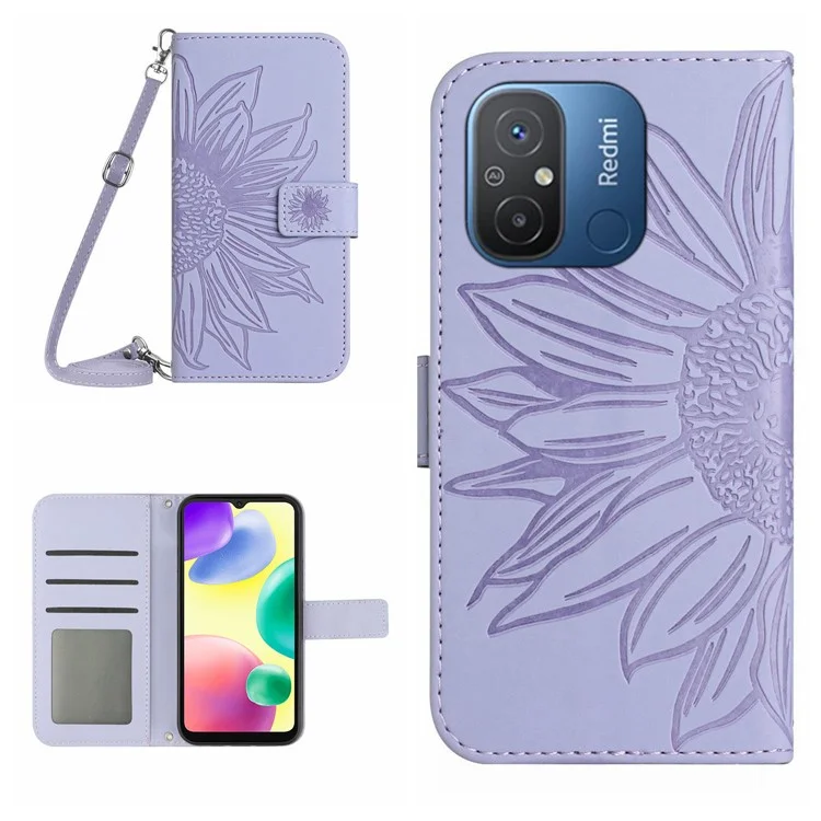Funda de cuero HT04 para Xiaomi Redmi 11A 4G / 12C 4G, funda de cartera para teléfono con estampado de girasol y correa para el hombro, color morado claro
