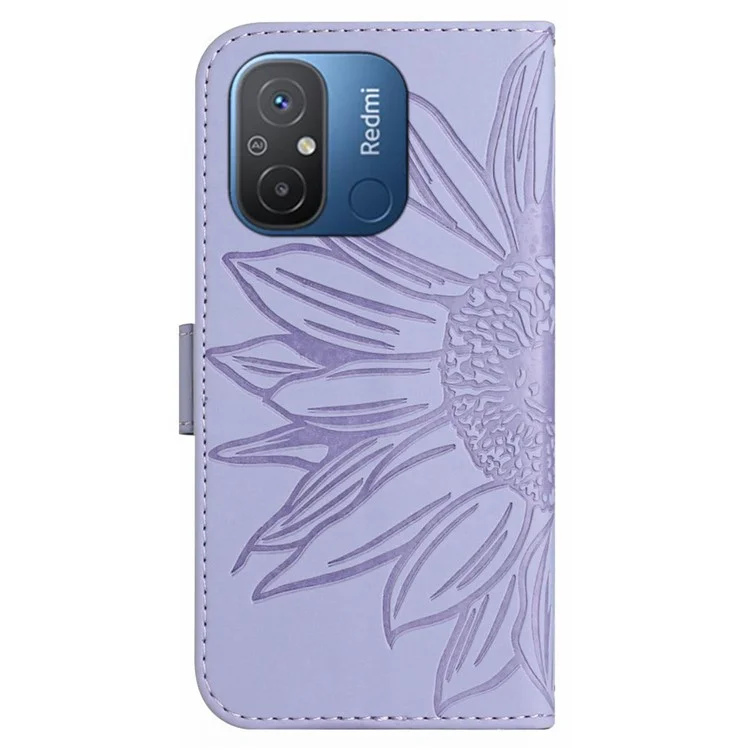 Funda de cuero HT04 para Xiaomi Redmi 11A 4G / 12C 4G, funda de cartera para teléfono con estampado de girasol y correa para el hombro, color morado claro