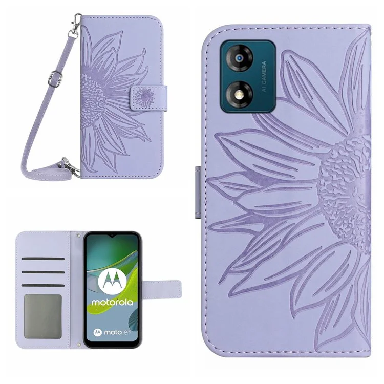 HT04 Откидная крышка для Motorola Moto E13 4G, бумажник с принтом подсолнуха из искусственной кожи с ремешком на плечо - светло-фиолетовый