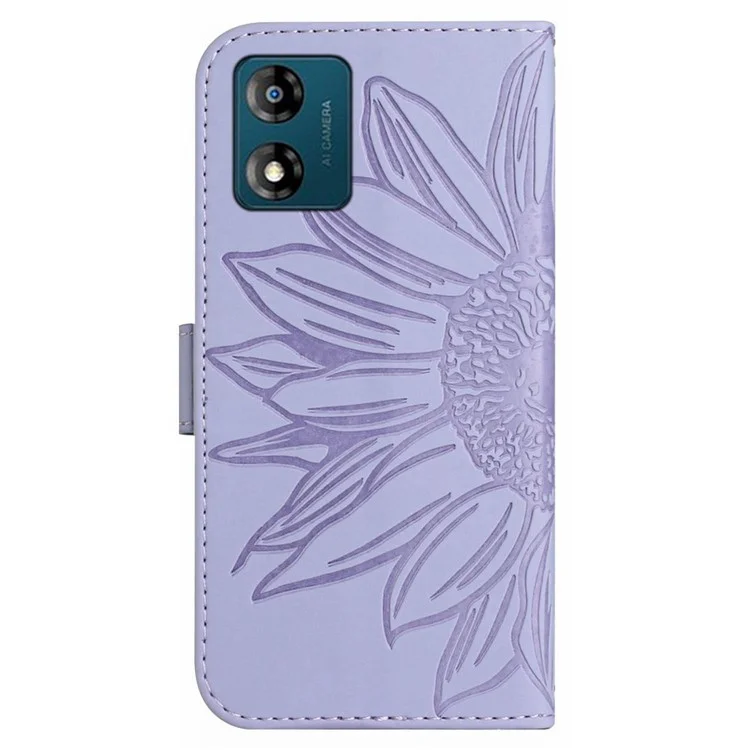 HT04 Откидная крышка для Motorola Moto E13 4G, бумажник с принтом подсолнуха из искусственной кожи с ремешком на плечо - светло-фиолетовый