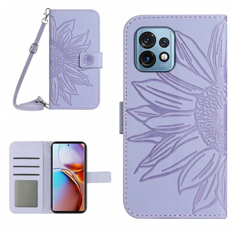 HT04 Flip Cover per Motorola Edge+ (2023) / Edge 40 Pro 5G / Moto X40 5G a prova di caduta con stampa a girasole, supporto portafoglio in pelle PU con cinturino per la spalla - Viola chiaro