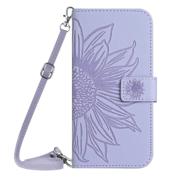 HT04 Flip Cover per Motorola Edge+ (2023) / Edge 40 Pro 5G / Moto X40 5G a prova di caduta con stampa a girasole, supporto portafoglio in pelle PU con cinturino per la spalla - Viola chiaro