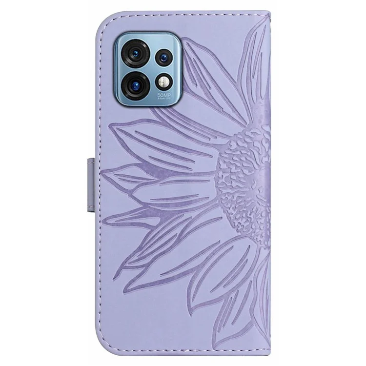 HT04 Flip Cover per Motorola Edge+ (2023) / Edge 40 Pro 5G / Moto X40 5G a prova di caduta con stampa a girasole, supporto portafoglio in pelle PU con cinturino per la spalla - Viola chiaro