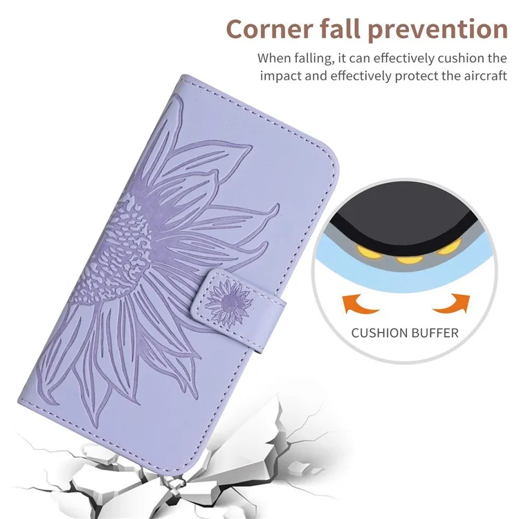 HT04 Flip Cover per Motorola Edge+ (2023) / Edge 40 Pro 5G / Moto X40 5G a prova di caduta con stampa a girasole, supporto portafoglio in pelle PU con cinturino per la spalla - Viola chiaro