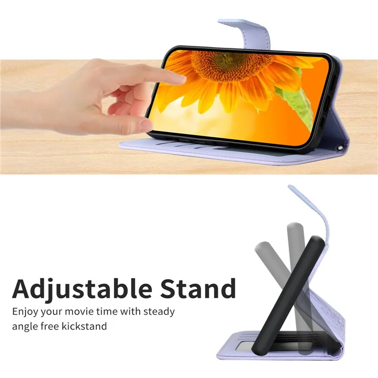 HT04 Flip Cover per Motorola Edge+ (2023) / Edge 40 Pro 5G / Moto X40 5G a prova di caduta con stampa a girasole, supporto portafoglio in pelle PU con cinturino per la spalla - Viola chiaro