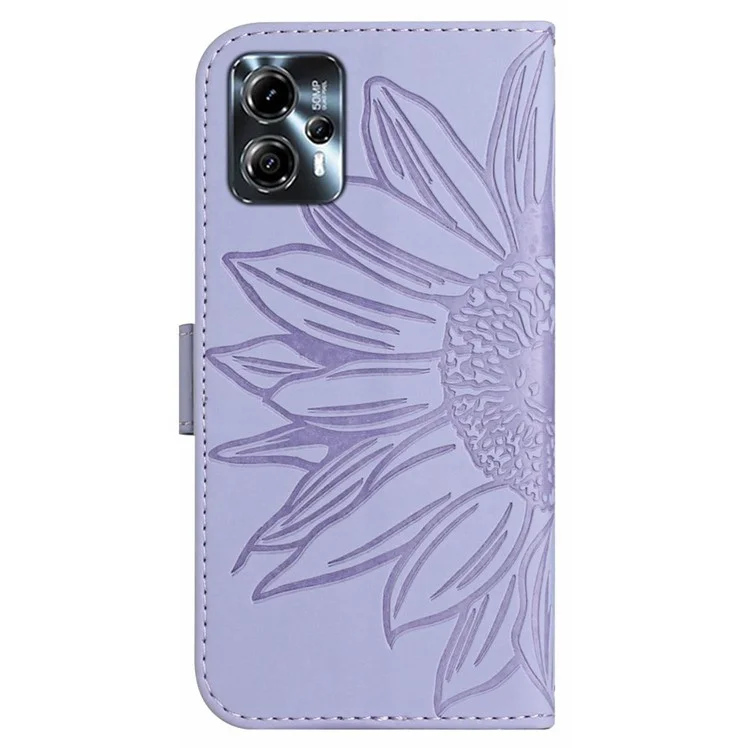 Flip Cover HT04 per Motorola Moto G23 4G / G13 4G, custodia in pelle PU con tracolla, protettiva, con motivo a girasole, con supporto - Viola chiaro