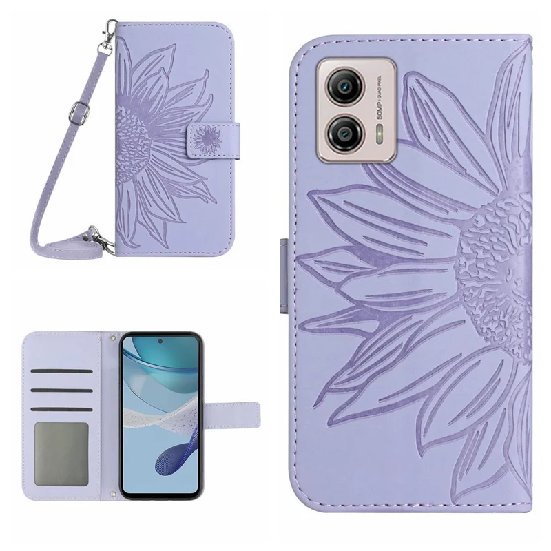 Custodia con copertura a portafoglio HT04 per Motorola Moto G53 5G, custodia in pelle PU con stampa di girasole con tracolla - Viola chiaro