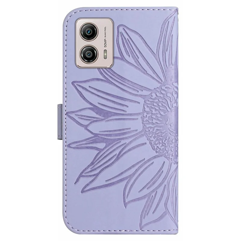Custodia con copertura a portafoglio HT04 per Motorola Moto G53 5G, custodia in pelle PU con stampa di girasole con tracolla - Viola chiaro