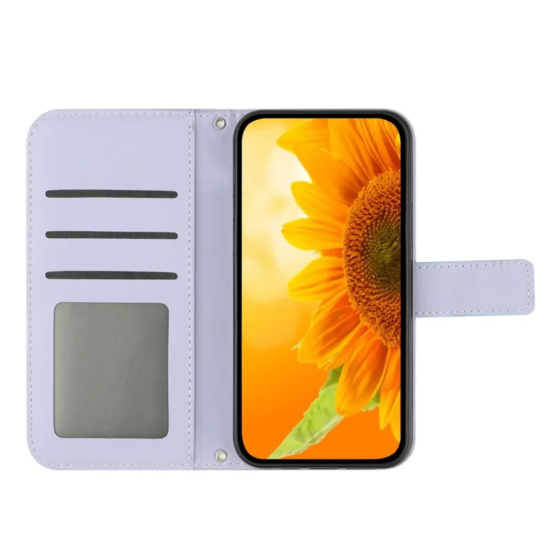 Custodia con copertura a portafoglio HT04 per Motorola Moto G53 5G, custodia in pelle PU con stampa di girasole con tracolla - Viola chiaro