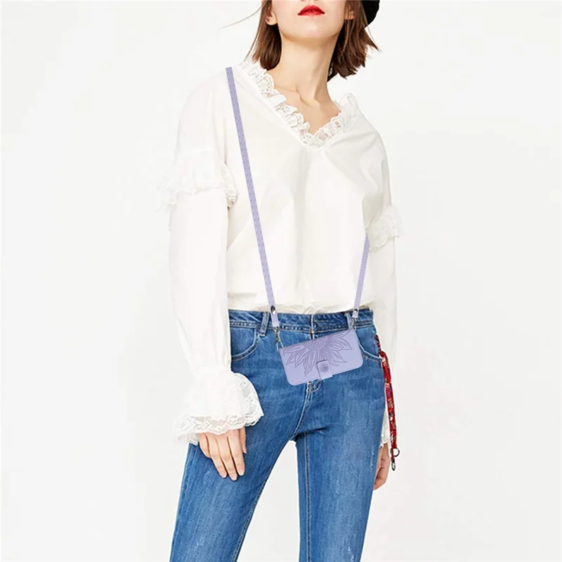 Custodia con copertura a portafoglio HT04 per Motorola Moto G53 5G, custodia in pelle PU con stampa di girasole con tracolla - Viola chiaro