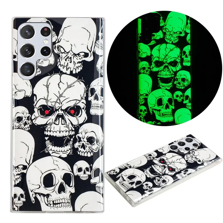 Soft TPU Phone Case for Samsung Galaxy S23 Ultra, Luminous Noctilucent Pattern Printing IMD Phone Cover - Skull