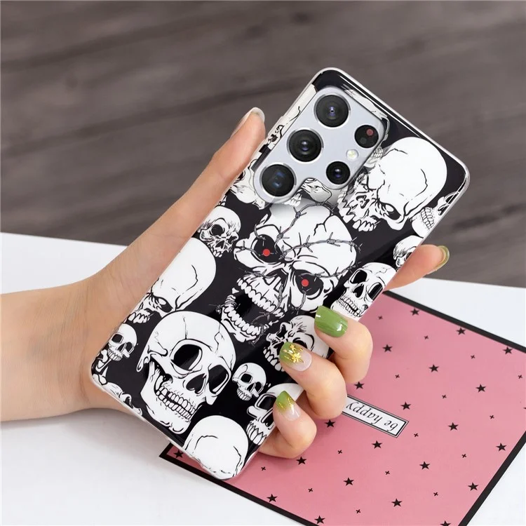 Soft TPU Phone Case for Samsung Galaxy S23 Ultra, Luminous Noctilucent Pattern Printing IMD Phone Cover - Skull