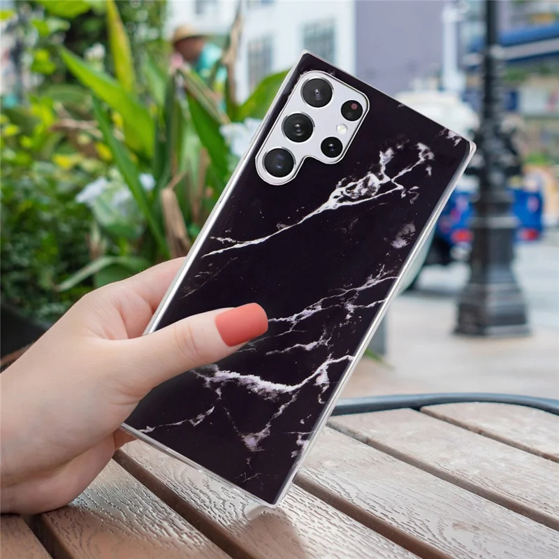 For Samsung Galaxy S23 Ultra IMD Marble Pattern Anti-collision TPU Case Back Protector Phone Cover - Black