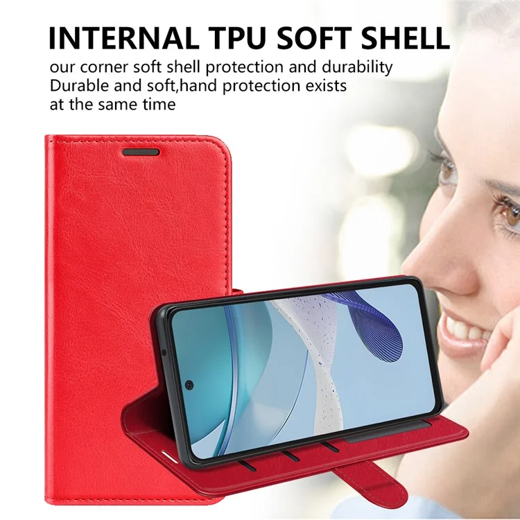 Для Motorola Moto G53 5G Crazy Horse Texture PU Leather Full Protection Phone Case Flip Stand Wallet Cover - Red