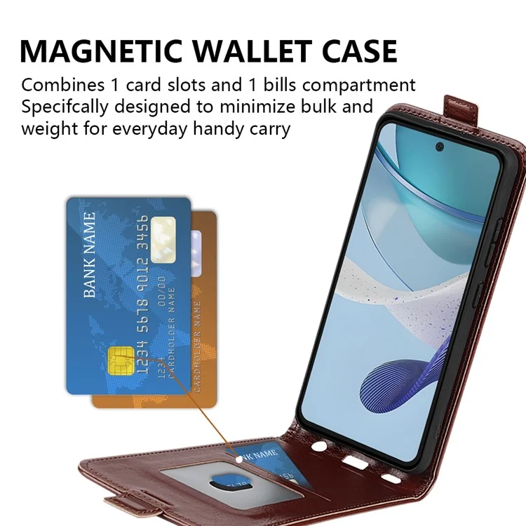 Pour Motorola Moto G53 5G Crazy Horse Texture PU Leather Card Holder Phone Case Vertical Flip Anti-drop Cover - Marron