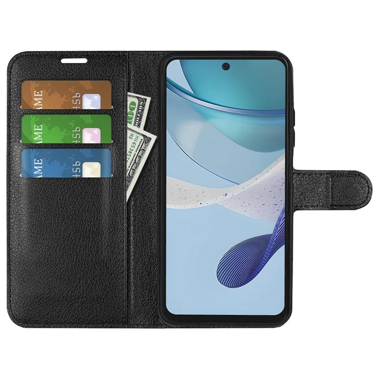 Para o telefone Motorola Moto G53 5G Capa Protetora Textura de Litchi Couro PU Flip Stand Carteira Case - Preto