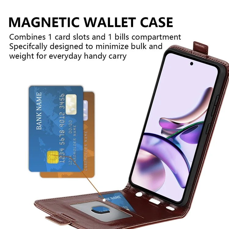 Für Motorola Moto G13 4G / G23 4G vertikales Flip-PU-Leder-Cover mit verrücktem Pferdemuster, schockresistent, mit Kartenfach, Handyhülle - Braun