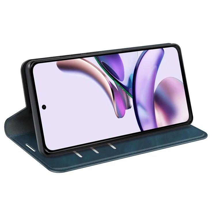 Для Motorola Moto G13 4G Кожаный кошелек с кожаным покрытием, с магнитной застежкой и подставкой для телефона - синий