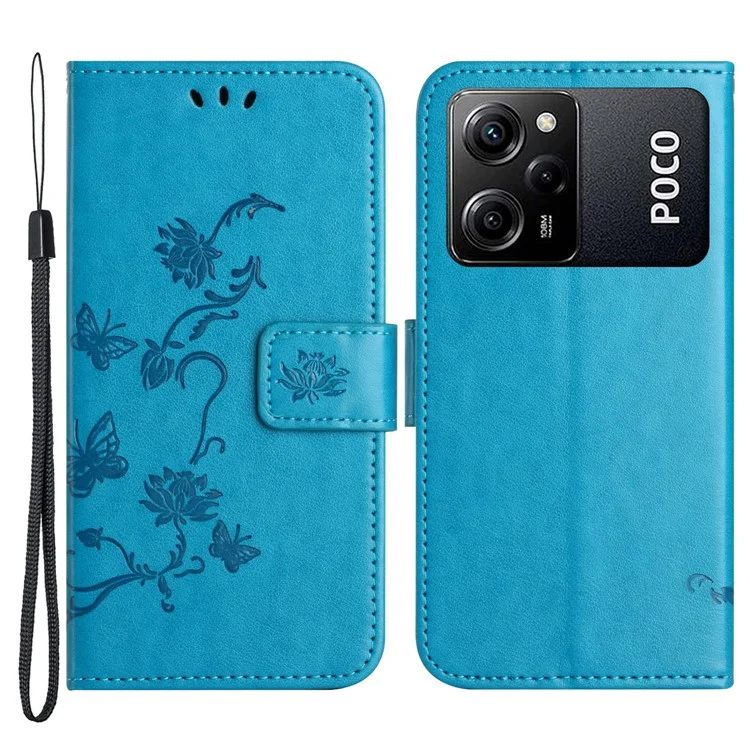 Para Xiaomi Redmi Note 12 Pro Speed 5G / Poco X5 Pro 5G Imprinted Butterfly Flower PU Leather Wallet Phone Cover Folio Flip Stand Case with Strap - Azul