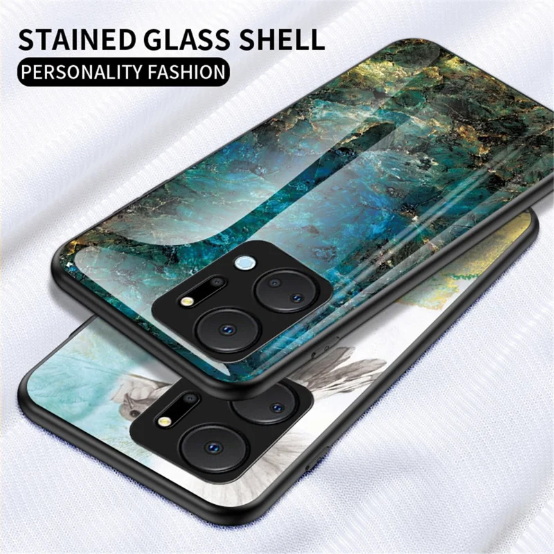 Cell Phone Case for Honor X7a 5G, Marble Pattern Tempered Glass+PC +TPU Phone Cover - White Marble