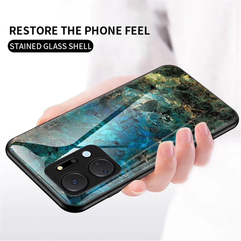 Cell Phone Case for Honor X7a 5G, Marble Pattern Tempered Glass+PC +TPU Phone Cover - White Marble