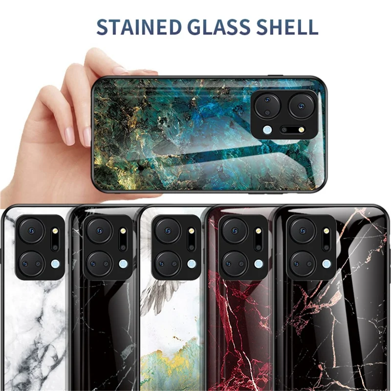 Cell Phone Case for Honor X7a 5G, Marble Pattern Tempered Glass+PC +TPU Phone Cover - White Marble