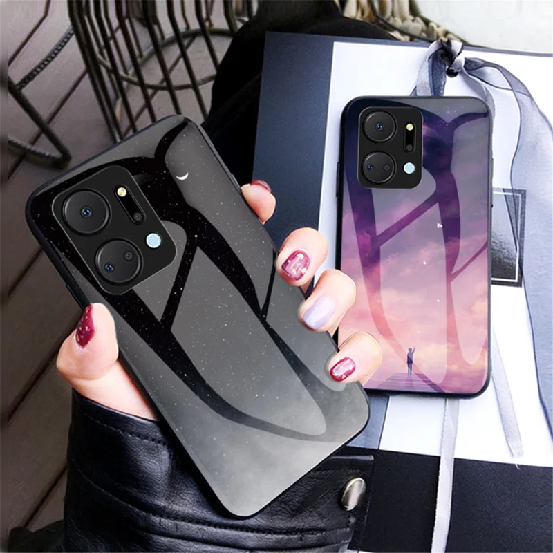 Mobiele telefoonhoesje voor Honor X7a 5G, met sterrenhemelpatroon, gehard glas+PC+TPU smartphonehoes - Kleur Sterrenhemel