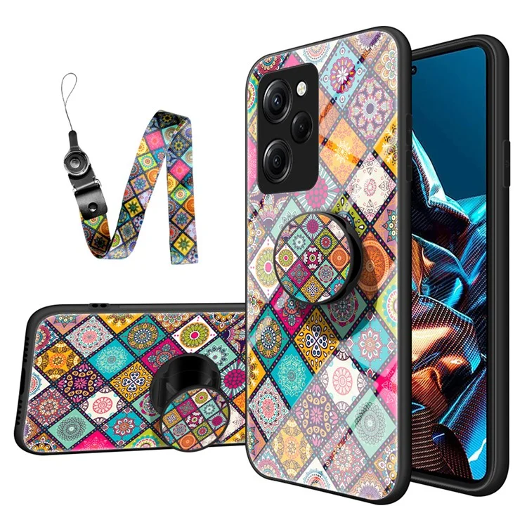 Para Xiaomi Poco X5 Pro 5G / Redmi Note 12 Pro Speed 5G Kickstand Phone Case Floral Pattern PC+TPU+Vidro Temperado Tampa com Cordão - Padrão Xadrez