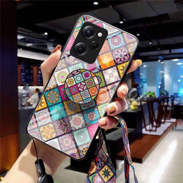 Para Xiaomi Poco X5 Pro 5G / Redmi Note 12 Pro Speed 5G Kickstand Phone Case Floral Pattern PC+TPU+Vidro Temperado Tampa com Cordão - Padrão Xadrez