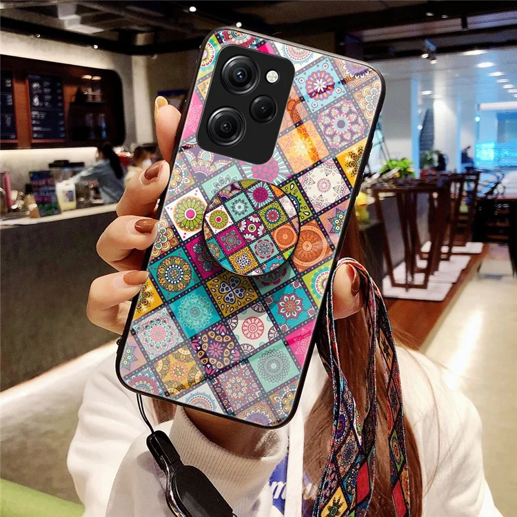 Para Xiaomi Poco X5 Pro 5G / Redmi Note 12 Pro Speed 5G Kickstand Phone Case Floral Pattern PC+TPU+Vidro Temperado Tampa com Cordão - Padrão Xadrez