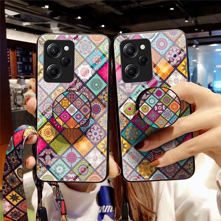Para Xiaomi Poco X5 Pro 5G / Redmi Note 12 Pro Speed 5G Kickstand Phone Case Floral Pattern PC+TPU+Vidro Temperado Tampa com Cordão - Padrão Xadrez