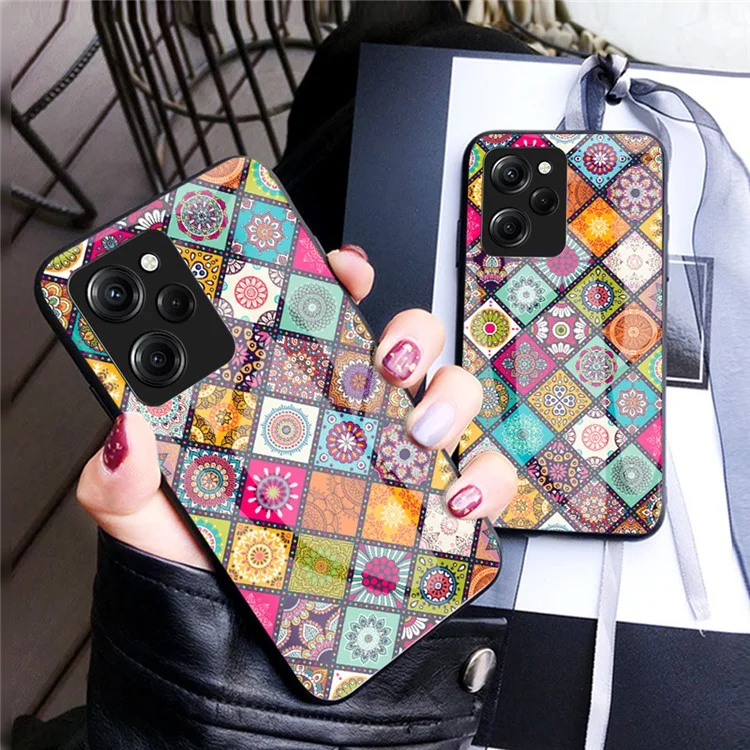 Para Xiaomi Poco X5 Pro 5G / Redmi Note 12 Pro Speed 5G Kickstand Phone Case Floral Pattern PC+TPU+Vidro Temperado Tampa com Cordão - Padrão Xadrez