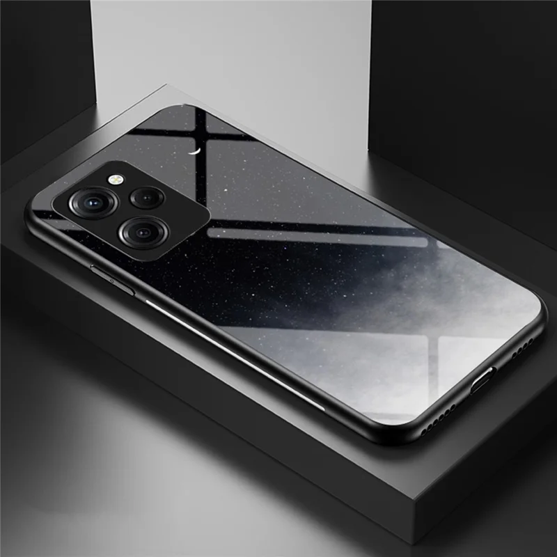 For Xiaomi Poco X5 Pro 5G / Redmi Note 12 Pro Speed 5G Cell Phone Case Tempered Glass+PC+TPU Starry Sky Pattern Phone Cover - Starry Crescent Moon