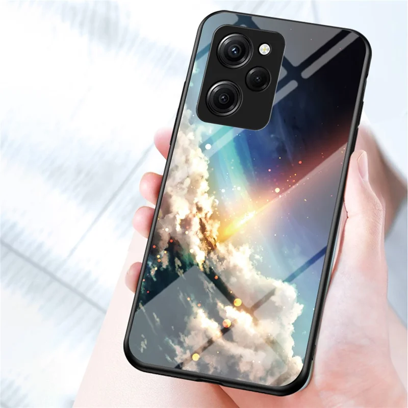 For Xiaomi Poco X5 Pro 5G / Redmi Note 12 Pro Speed 5G Cell Phone Case Tempered Glass+PC+TPU Starry Sky Pattern Phone Cover - Starry Crescent Moon
